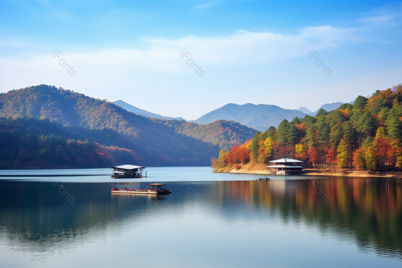 蓝天白云下远山近水小船悠悠秋日美景,高清,摄影图,摄影图片,图片大全,摄影图免费下载